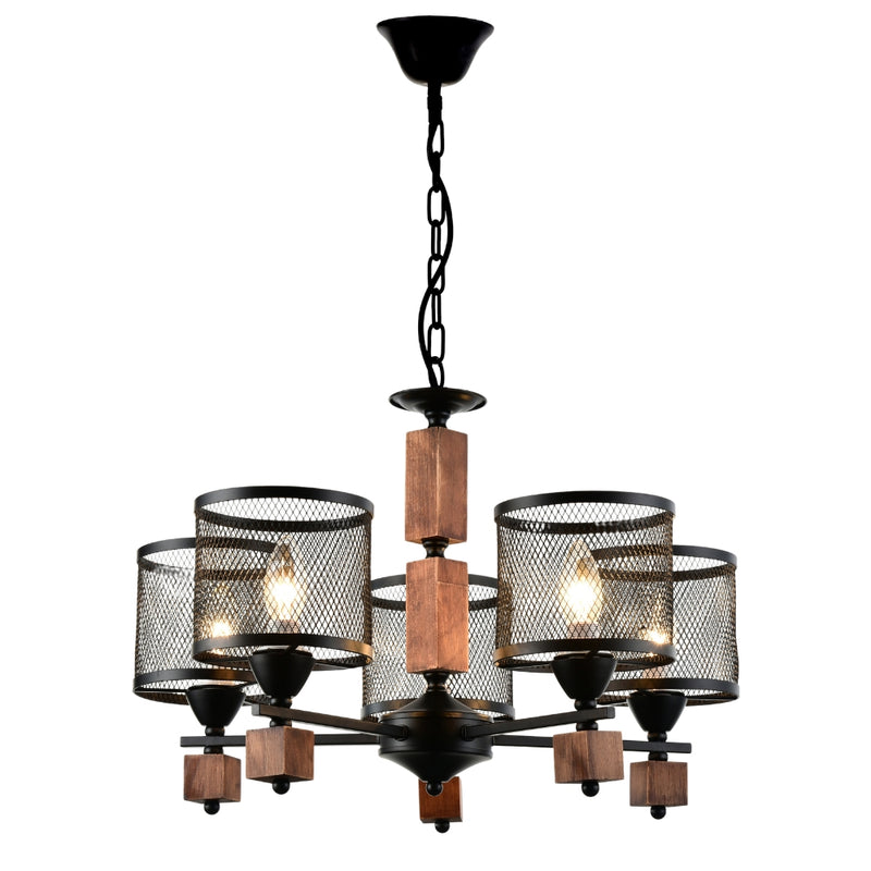 Corda Wood and Black Metal Mesh Shade Chandelier - Lighting.co.za