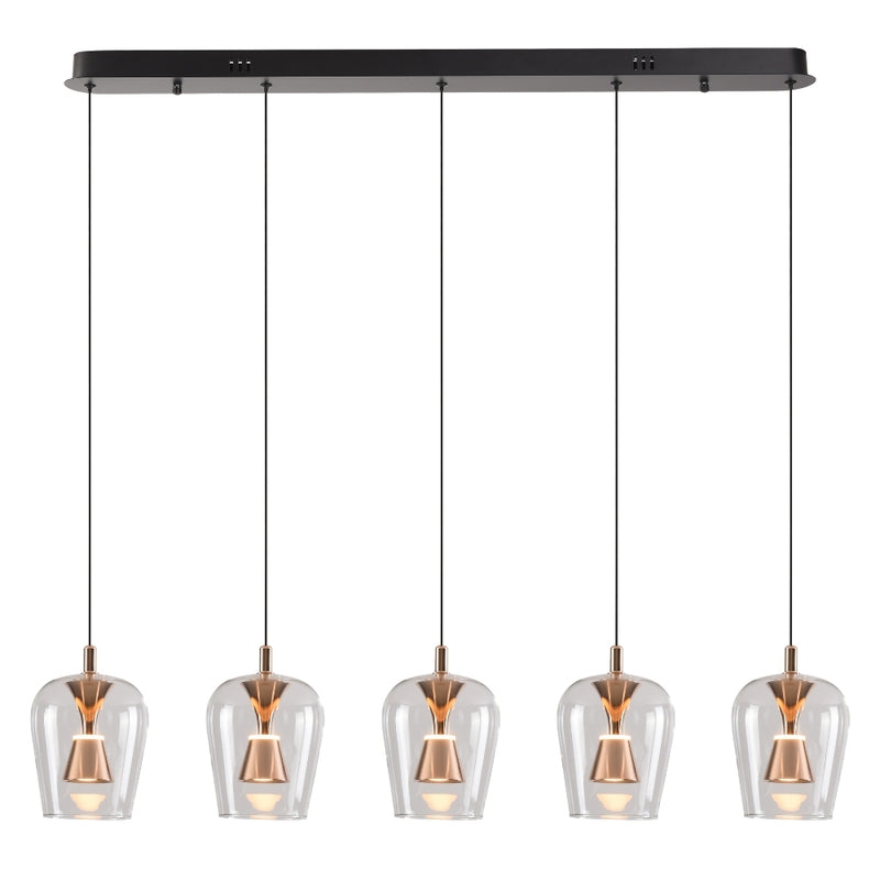 Wizard 5 Light Clear Glass and Golden Linear LED Pendant Light