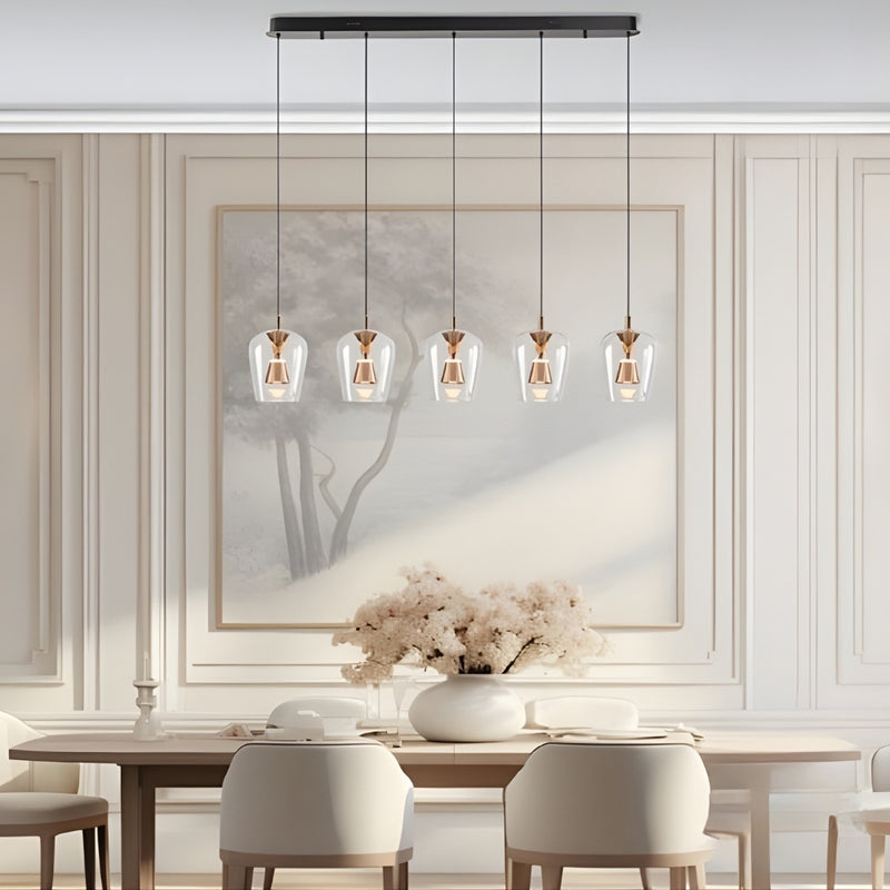 Wizard 5 Light Clear Glass and Golden Linear LED Pendant Light