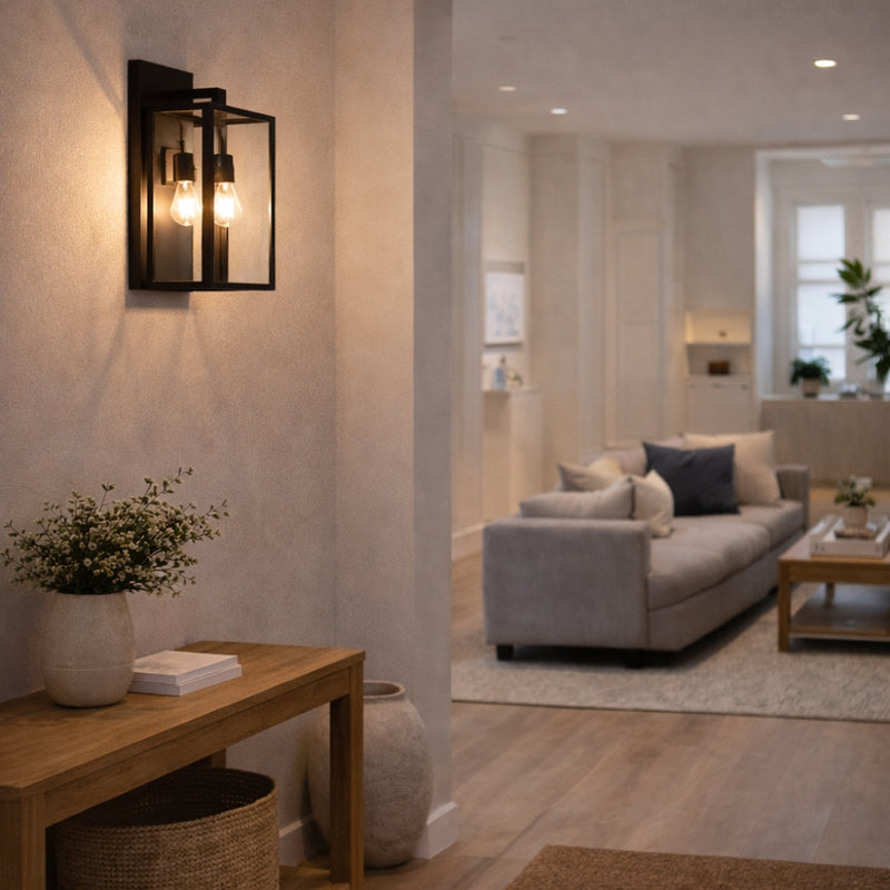 Ascot Large 2 Light Black And Clear Glass Lantern Wall Light - Lighting.co.za