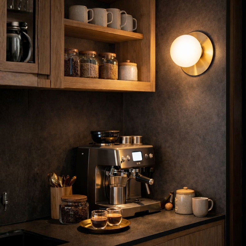 Alden Gold Disk and White Glass Wall Light