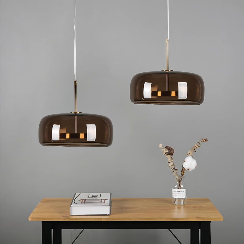 Pillbox Coffee Glass and Gold LED Pendant Light - Lighting.co.za