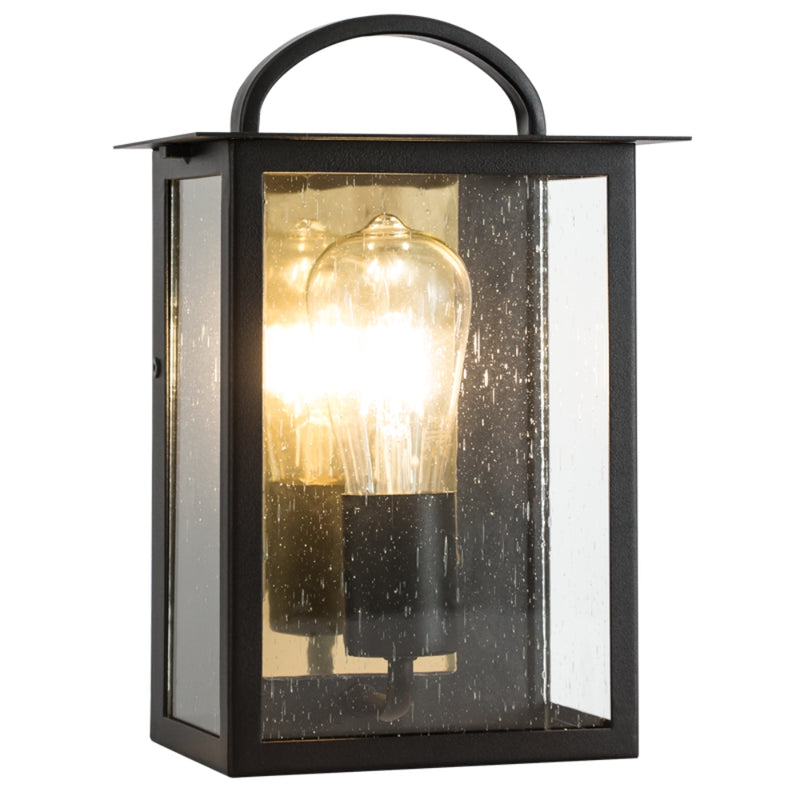 Cade Black and Gold Outdoor Lantern Wall Light with Speckled Glass 2 Sizes - Lighting.co.za