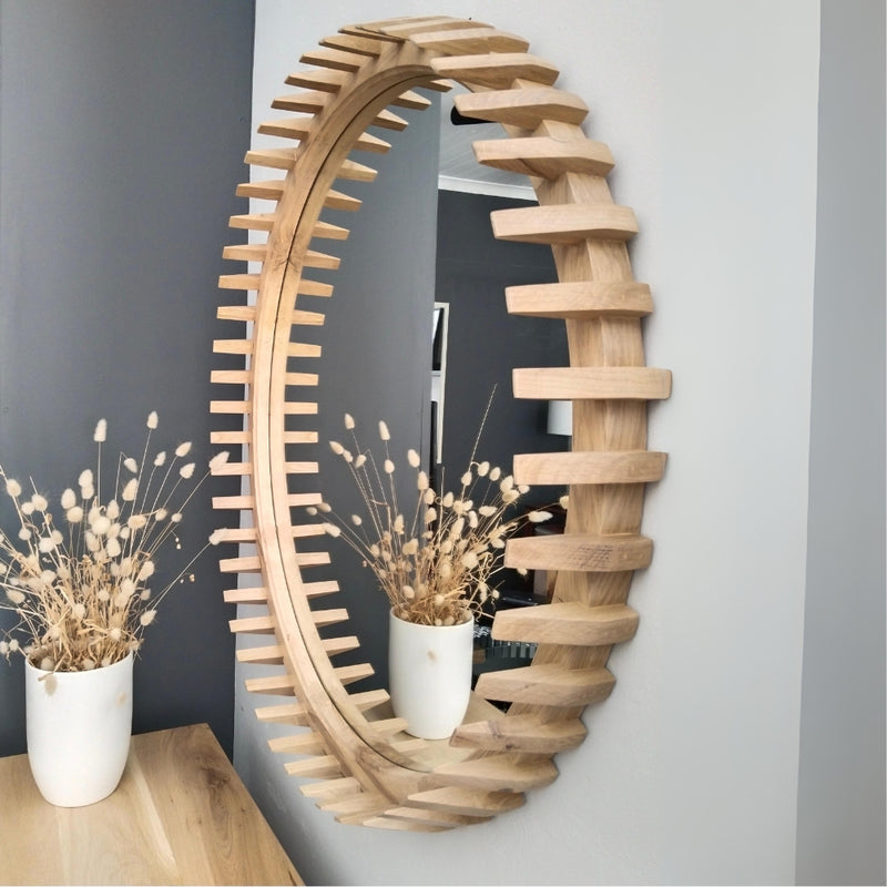 Cactus Solid Oak Wood Round Mirror 2 Sizes - Lighting.co.za