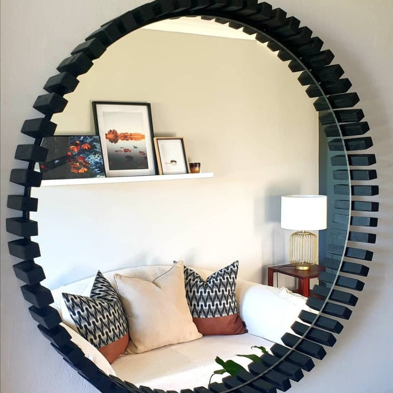 Cog Wood Black Round Mirror 2 Sizes - Lighting.co.za