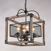 Hamal Square Wood and Black Mesh Chandelier - Lighting.co.za