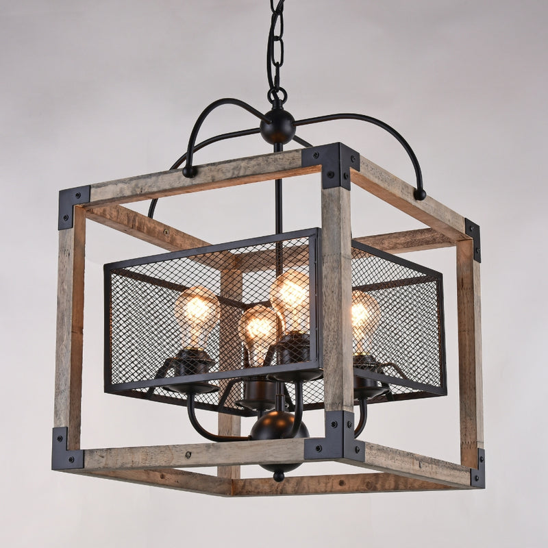 Hamal Square Wood and Black Mesh Chandelier - Lighting.co.za