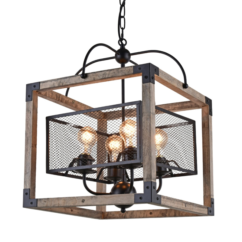 Hamal Square Wood and Black Mesh Chandelier - Lighting.co.za