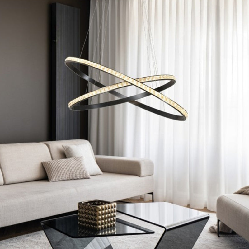 Lustre 2 Ring Black and Crystal LED Oval Pendant Light - Lighting.co.za