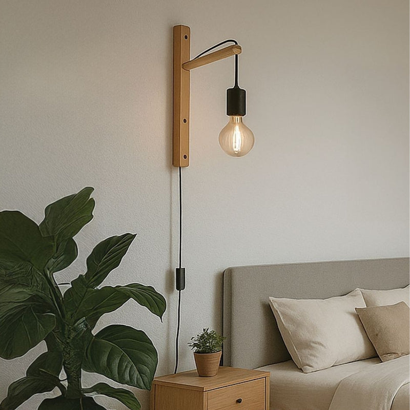 Pockley Black and Natural Wood Wall Light  with Cord and Plug - Lighting.co.za