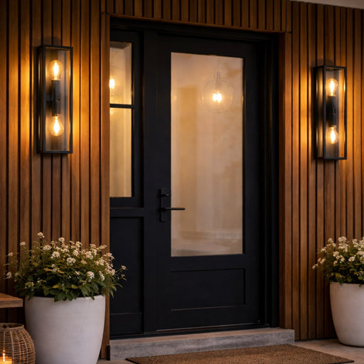 Rubik 2L Black and Clear Glass Outdoor Lantern Wall Light - Lighting.co.za