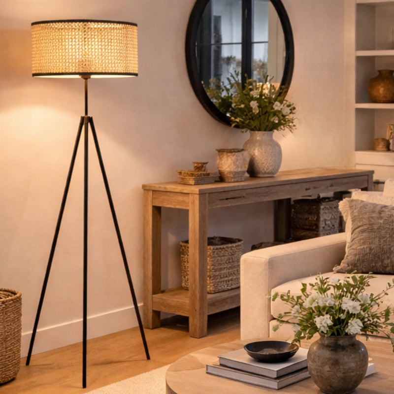 Odile Natural Dutch Weave Shade with Black Tripod Floor Lamp