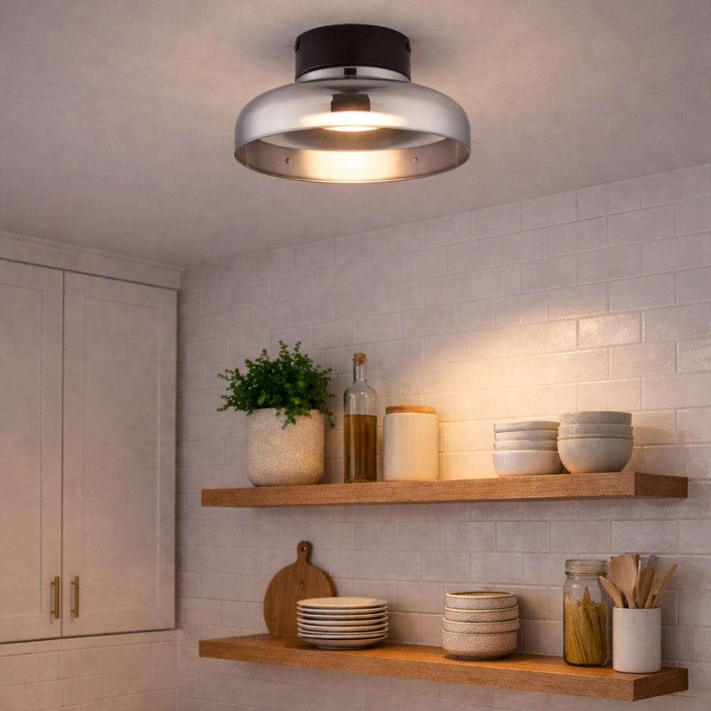 Modern kitchen with a ceiling light fixture, wooden shelves, and various kitchen items. Types of Lighting Buying Guide - Lighting.co.za