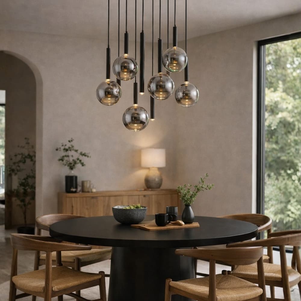 Black and Smoke Glass Chandelier over Round Black Wooden Dining Room Table - Lighting.co.za