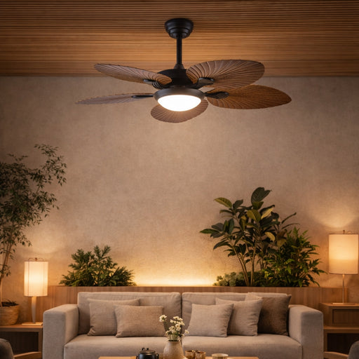 Palm 5 Blade Black and Dark Wood Look CCT LED Ceiling Fan - Lighting.co.za