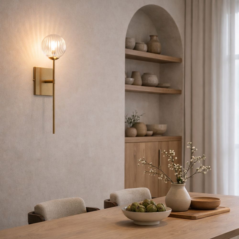 Modern dining room with wooden table, chairs, and wall-mounted light fixture.