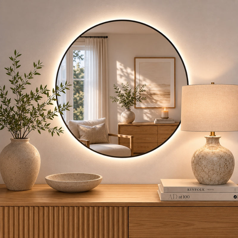 Emily Backlit LED Thin Round Framed Gold or Black Wall Mirror 3 Sizes