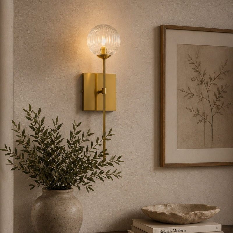 Marzio Gold and Ribbed Clear Glass Wall Light
