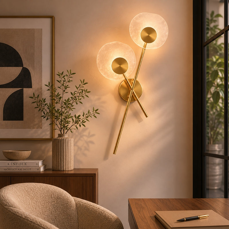 Aquila 2 Light Round LED Glass and Gold Wall Light