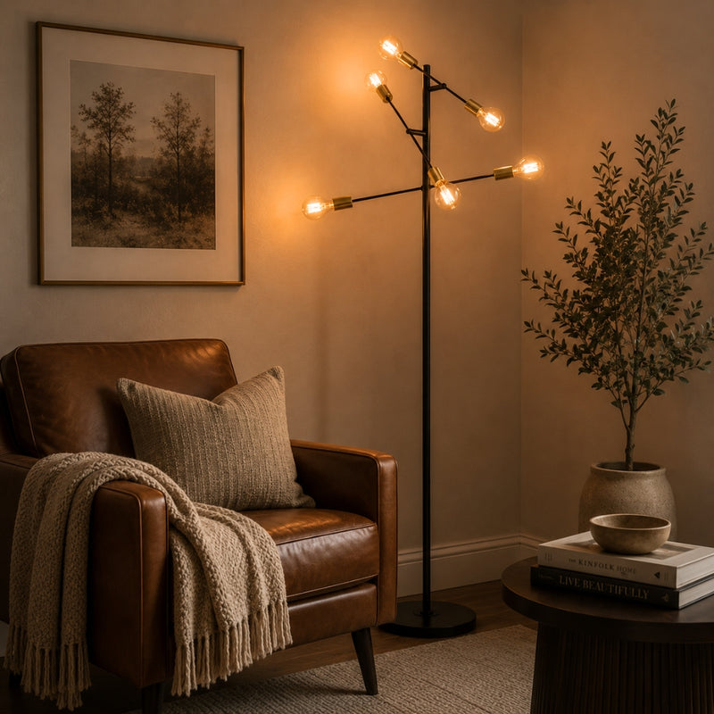 Den Multi Light Black And Brass Floor Lamp