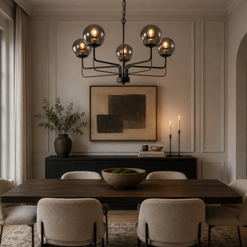Nexis Black and Smoke Glass 5 Light Chandelier