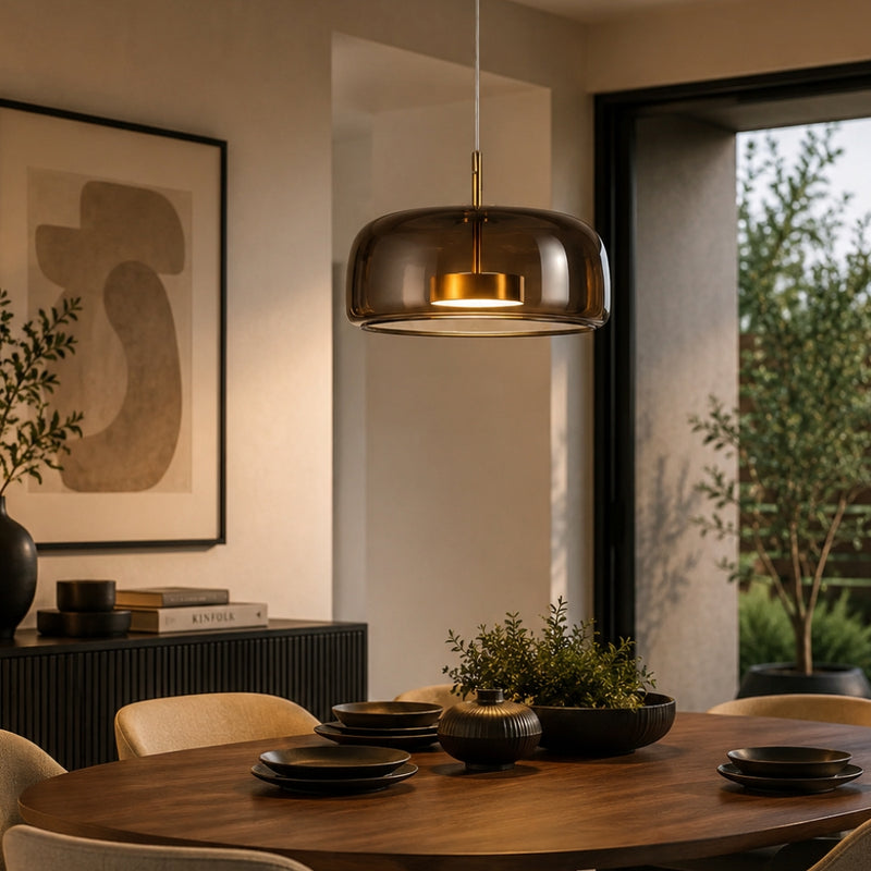 Pillbox Coffee Glass and Gold LED Pendant Light