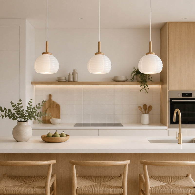 Summerhill 3 Light Paper White and Wood Pendant Light