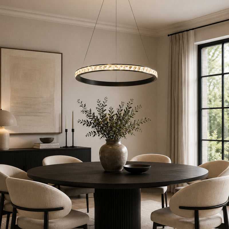Lustre Single Ring Black and Crystal LED Pendant Light 2 Sizes