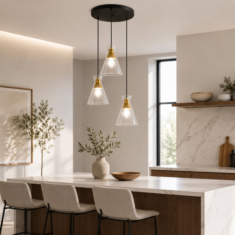 Alfresco 3 Light Clear Glass and Gold Cluster Pendant Light