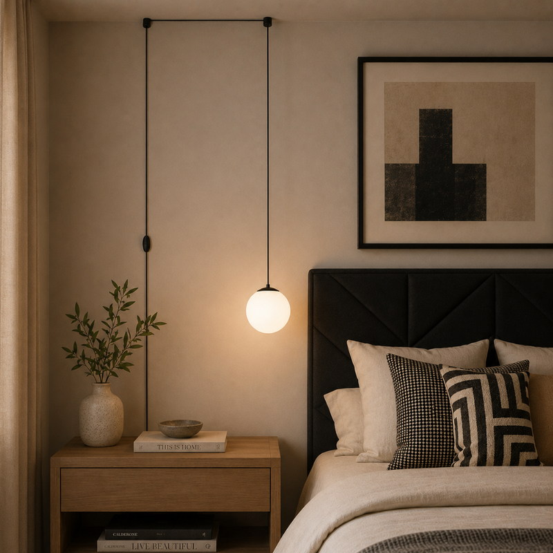 Rondo Black and Opal Round Glass Pendant Light with In-line Switch and Plug