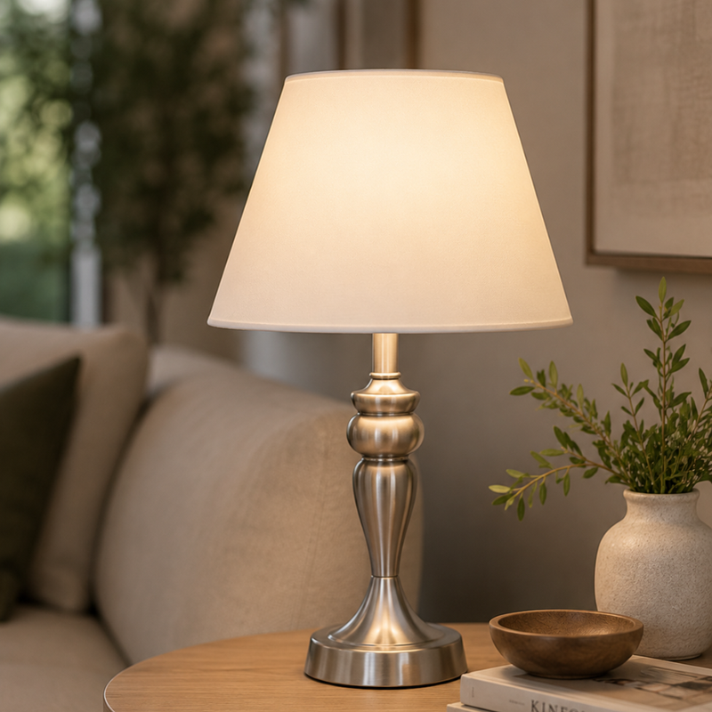 Nadine Satin Chrome and White Shade Table Lamp