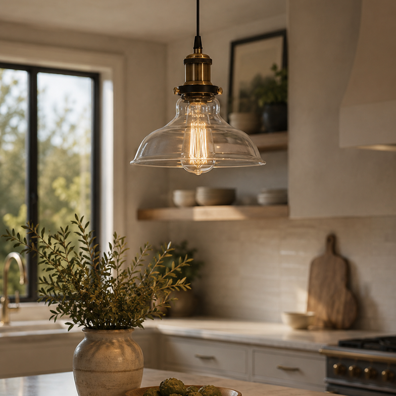 Farmhouse Small Bell Clear Glass and Antique Brass Pendant Light
