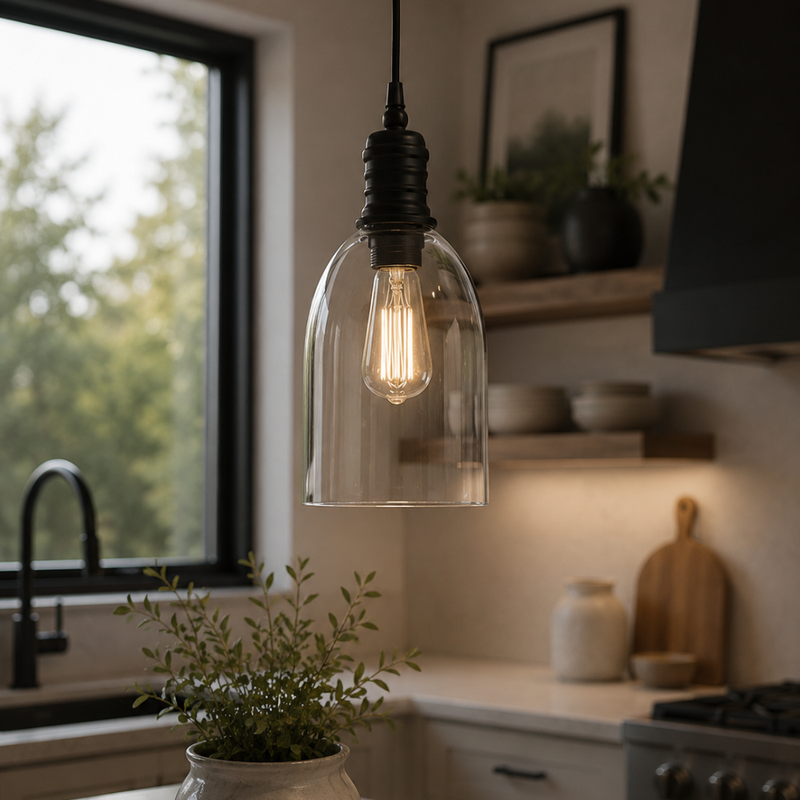 Farmhouse Black and Clear Glass Bell Pendant Light