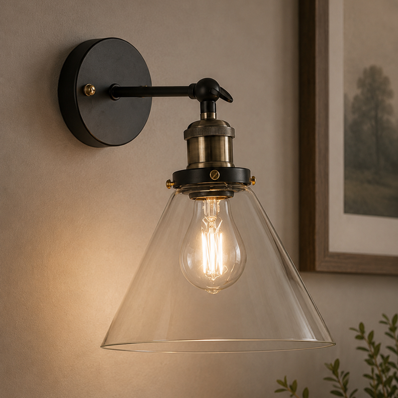 Funello Vintage Clear Glass and Antique Brass Wall Light