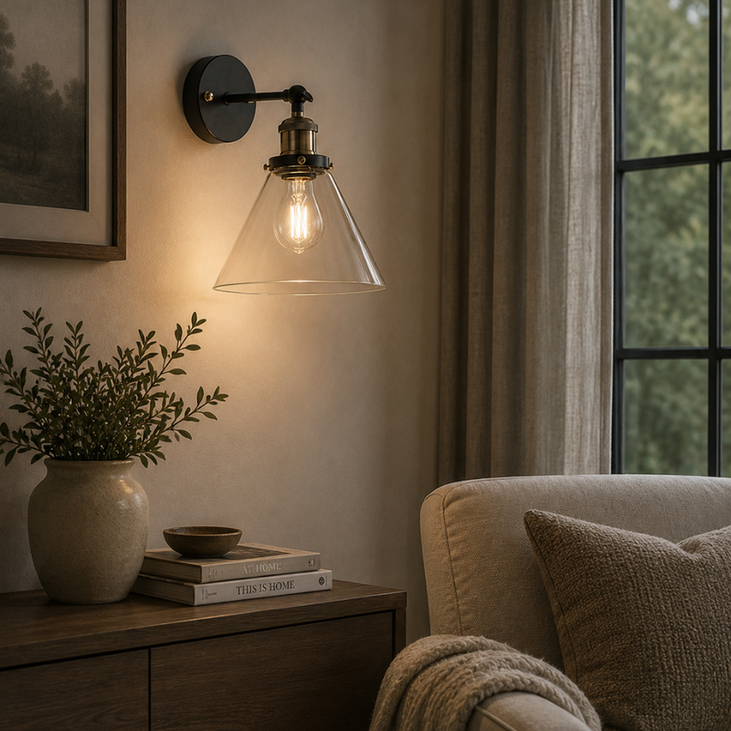Funello Vintage Clear Glass and Antique Brass Wall Light
