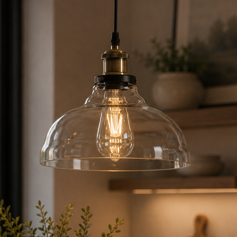 Farmhouse Bell Clear Glass and Antique Brass Pendant Light