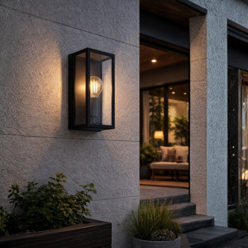 Rubik Black and Clear Glass Outdoor Lantern Wall Light
