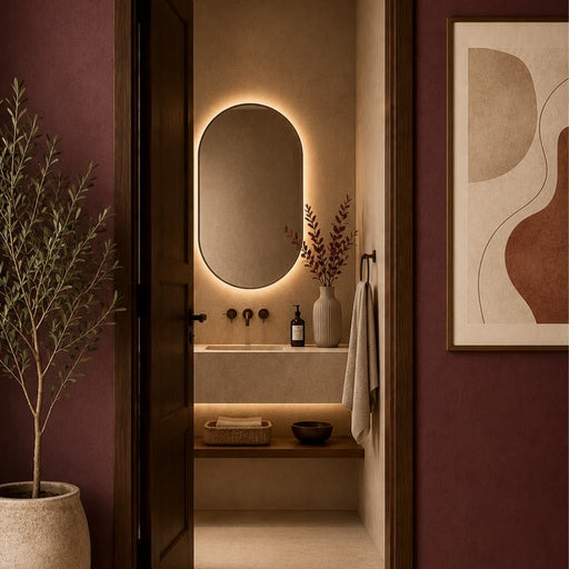 A modern bathroom interior with a dark wood open door framing a vanity area. The focal product appears to be the oval backlit wall mirror centered above the sink.