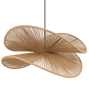 A modern pendant light fixture with a woven natural fiber shade in a curved, petal-like shape, suspended by a thin black cord against a plain white background - Lighting.co.za