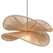 A modern pendant light fixture made of woven natural fiber, shaped like two overlapping curved leaf or wing forms, suspended by a thin black cord against a plain white background - Lighting.co.za