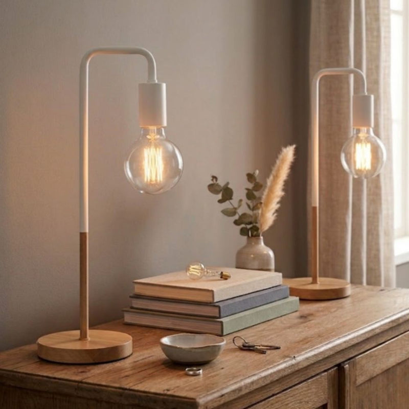 Scandi White and Wood Desk Lamp - Set of 2