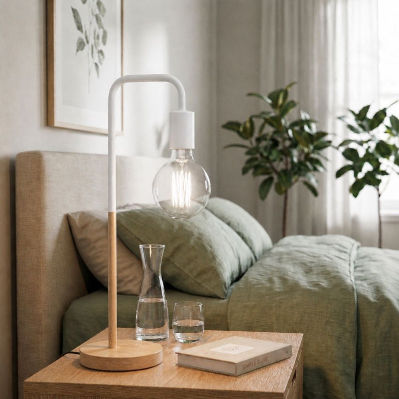 Scandi White and Wood Desk Lamp - Set of 2