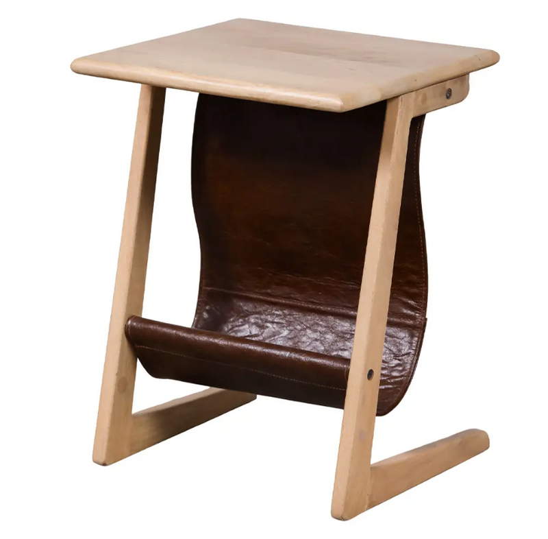 Eva Mango Wood Side Table with Leather Magazine Storage - Lighting.co.za