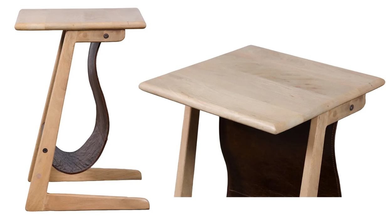Eva Mango Wood Side Table with Leather Magazine Storage - Lighting.co.za