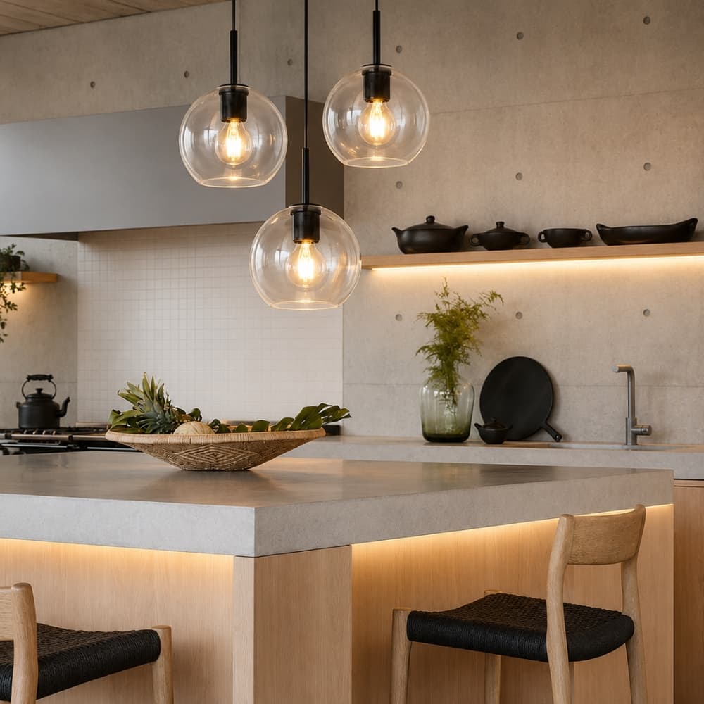Modern kitchen with black accents and clear glass pendant lights over natural stone countertop and wooden stools - Lighting.co.za