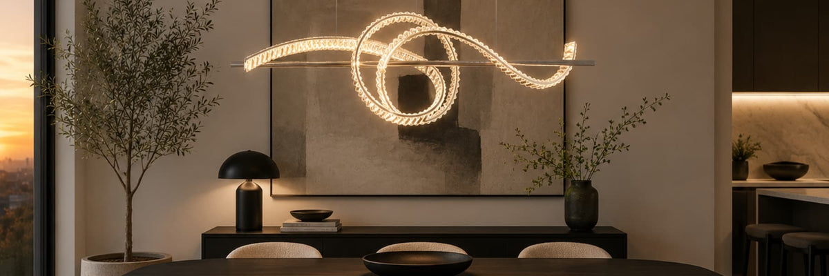 A modern spiral-shaped LED pendant light glowing with a warm golden light, hanging in a contemporary dining room setting above a dark table with chairs and decorative plants. Pendant Light Buying Guide - Lighting.co.za