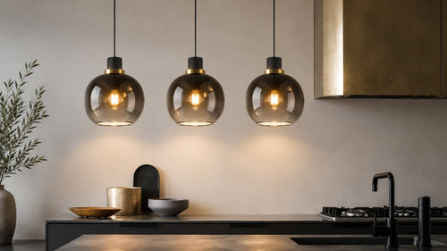 Modern kitchen with hanging smoke glass pendant lights and a neutral color scheme. - Lighting.co.za