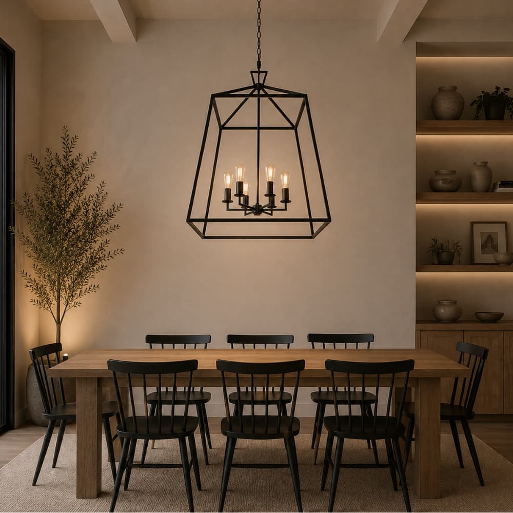 Dining room with a large black chandelier hanging above a wooden table and chairs - Lighting.co.za