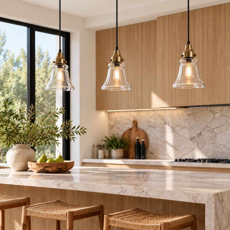 Tahoe Clear Bell Glass and Brass or Silver Pendant Light