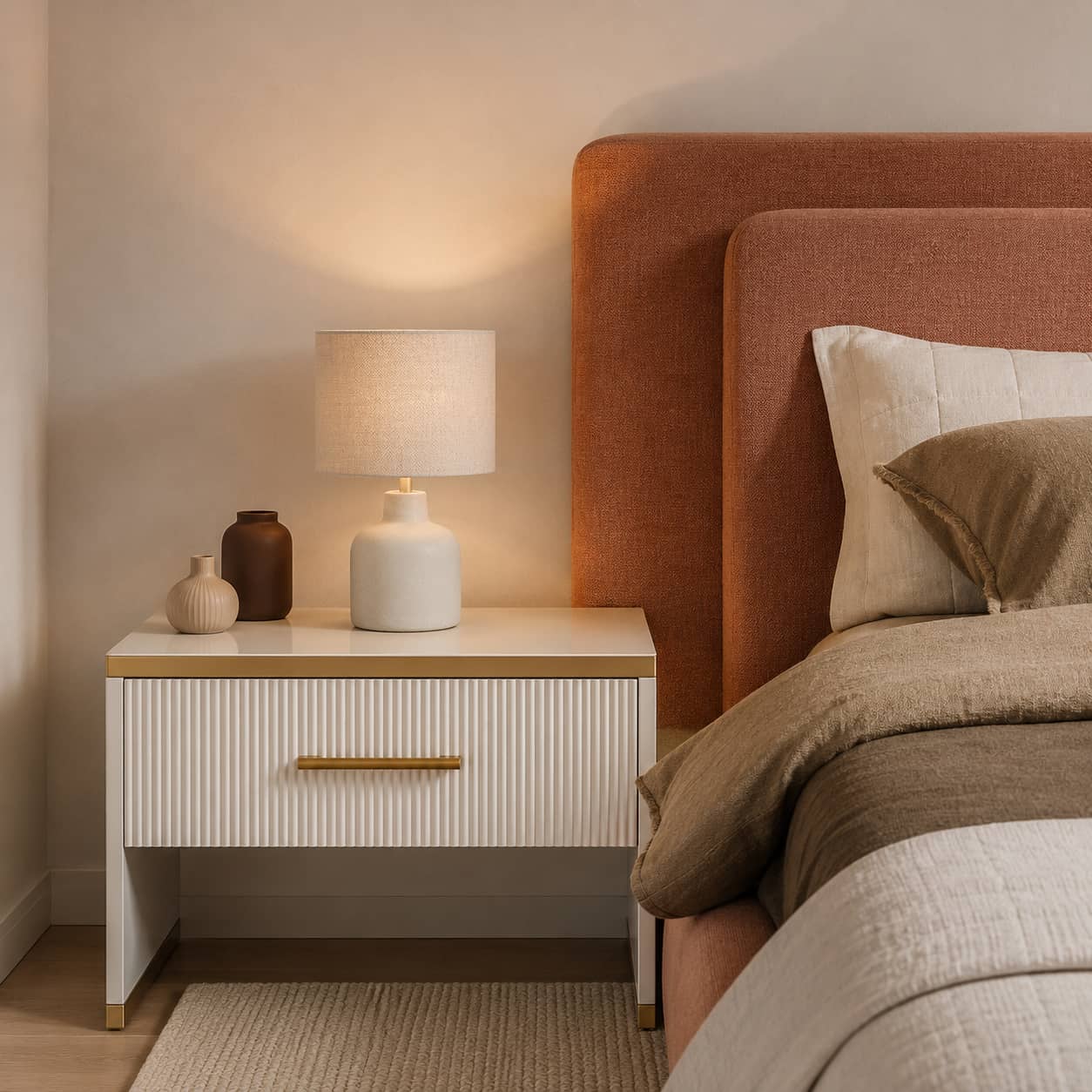 A modern bedside table with a ribbed white front, gold-tone handle, and light wood top, styled in a bedroom next to a bed with a rust-colored upholstered headboard. A white ceramic table lamp with a beige shade sits on the table. Lighting by room buying guide. Find advice for your space - Lighting.co.za
